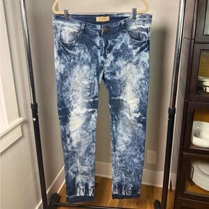 Decibel Destroyed & Rebuilt Blue Acid Wash Paisley Jeans 34x31 Men’s Denim
